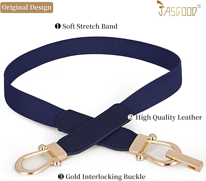 JASGOOD Women Skinny Elastic Belt for Dresses,Thin Retro Stretch Waist Belt with Golden Buckle