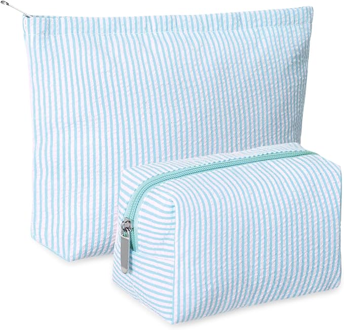 2 Pieces Makeup Bag Set Cute Cosmetic Pouch for Women Seersucker Travel Toiletry Bag Preppy Small Makeup Purse Pouch Aesthetic Skincare Brushes Storage Organizer for Christmas Women(Light Blue)