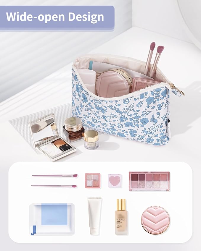 Narwey Small Makeup Bag for Purse Travel Makeup Pouch Cosmetic Bag Zipper Pouch Bags for Women (Little Blue Flower)