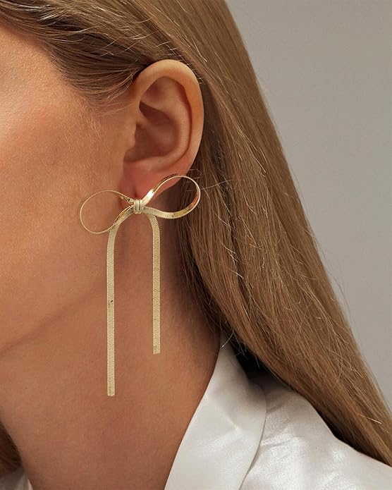 ASCOMY Gold Stud Earrings for Women - Dainty Bow 14K Gold/Silver Plated Pearl Earrings - Trendy Cute Ribbon Minimalist Jewelry Gifts for Her