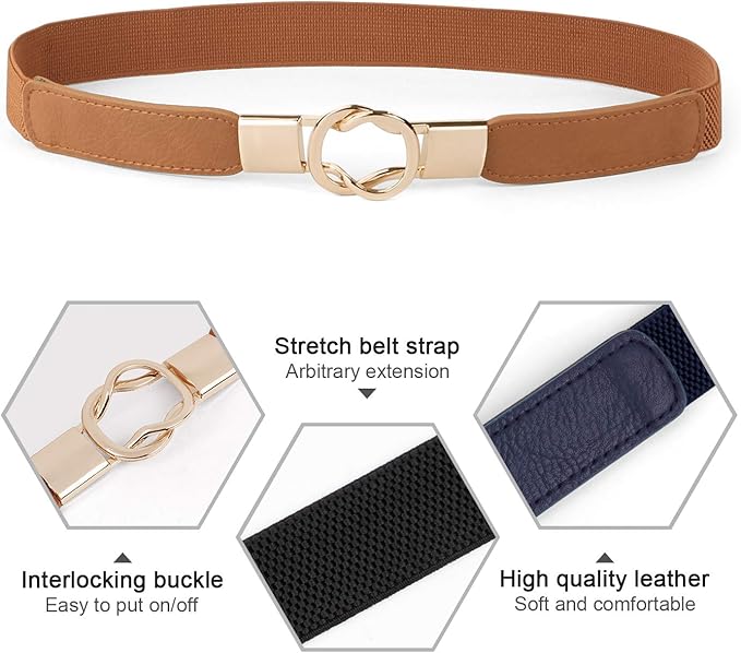 WERFORU Women Skinny Belt for Dresses Retro Stretch Waist Belt with Gold Buckle Set of 4