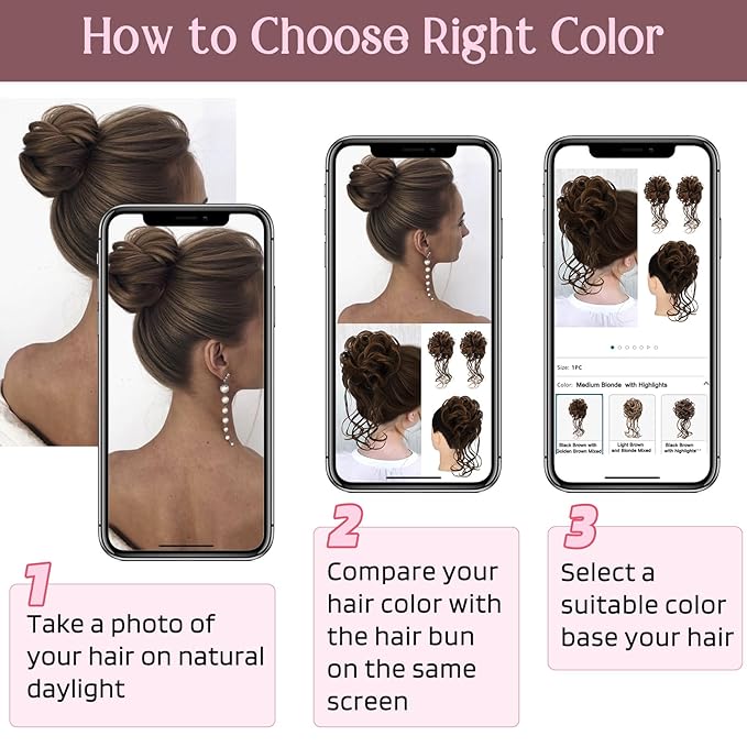 HOOJIH Messy Bun Hair Piece, 2PCS Tousled Updo with Tendrils Bun Extensions Wavy Curly Hair Wrap Ponytail Hairpieces Scrunchies for Women HB010 Dasiy - Medium Brown with Blonde Highlights