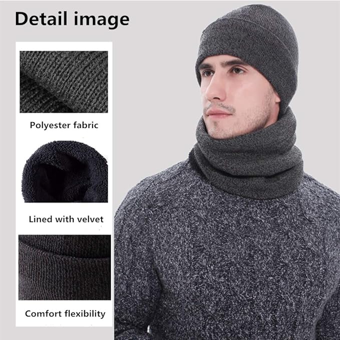 Mens Winter Scarf Hats and Gloves Set Knit Beanie Hat Warmer Scarfs and TouchScreen Glove 3 Pcs for Men