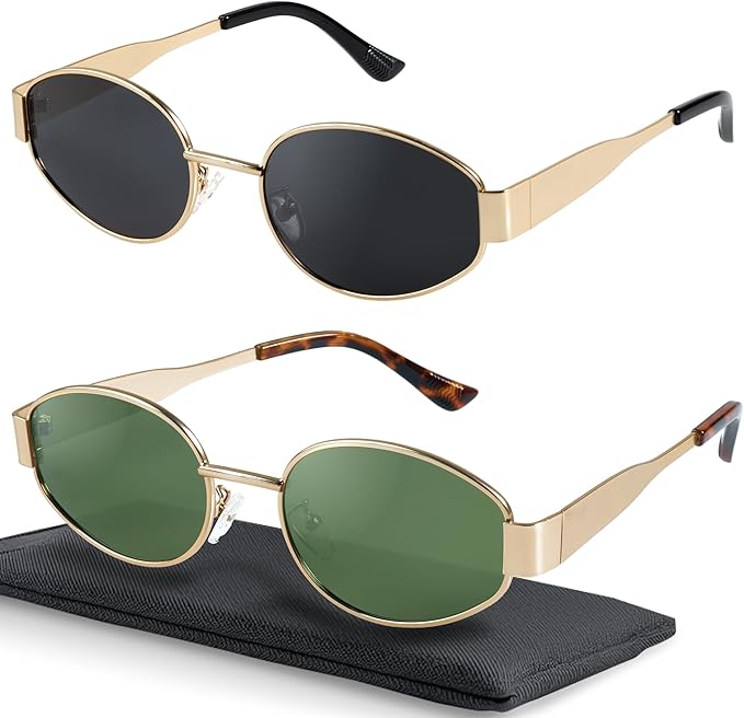 livho Retro Polarized Sunglasses - UV400 Protection, Oval Shape, Metal Frames - Matching Soft Case Inlcuded