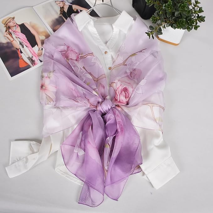100% Mulberry Silk Women's Neck Silk Scarf-Lightweight Shawl,FLoral Print Beach Silk Wrap-Scarves for Photography