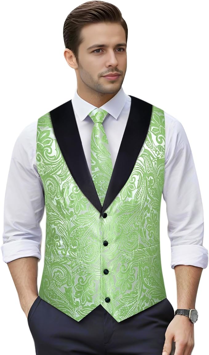 DiBanGu Mens Paisley Suit Vest Silk Jacquard Waistcoat and Necktie Set Formal Shawl Collar Dress Vest 7PCS for Wedding Party