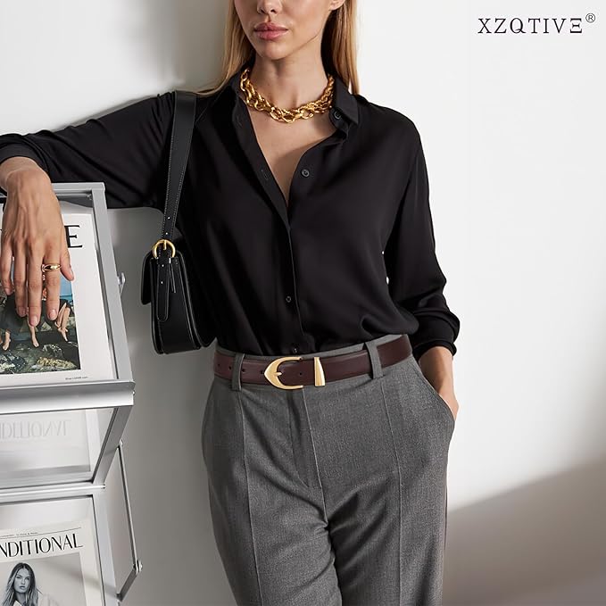 XZQTIVE Women's Leather Belts, Classic Minimalist Design For Jeans Pants Dresses, Black Belt With Gold Buckle