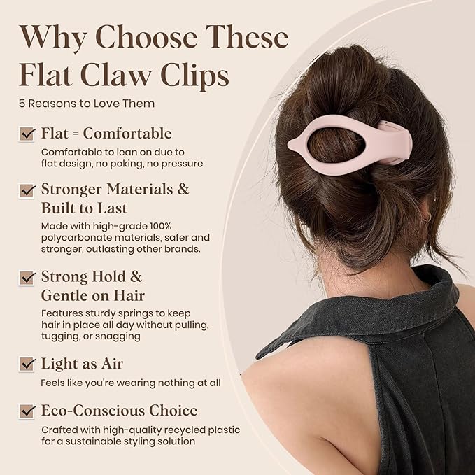 6 PCS Large Flat Hair Clips for Women Girls, French Concord Lay Down Claw Clips for Thick Thin Hair, Comfortable Curved Flat Clips, Matte Non-slip Strong Hold Hair Accessories, Neutral