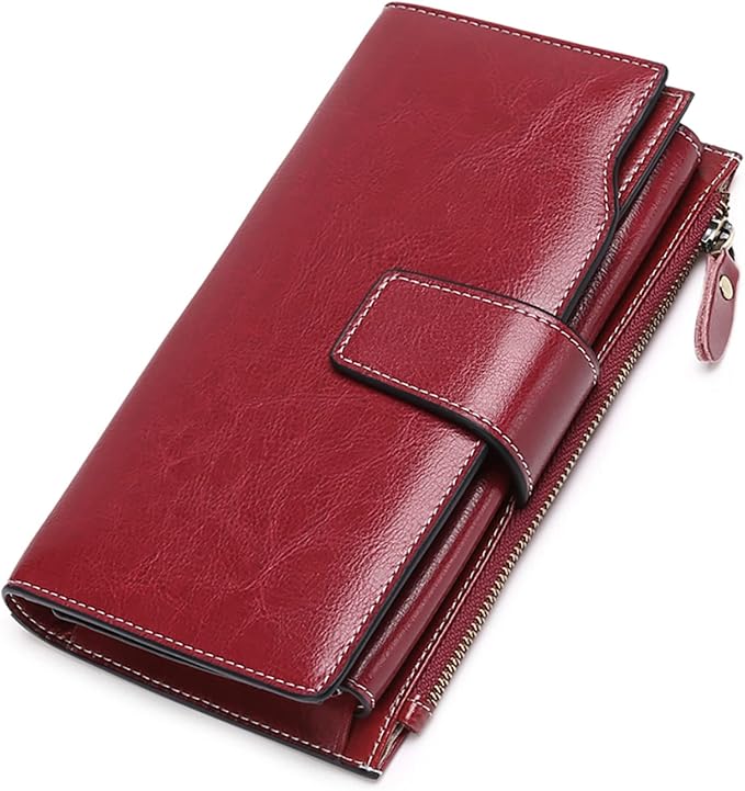 Women's Retro Long Wallet Genuine Leather RFID Blocking Large Capacity Clutch Purse in Brown (Dark Red)