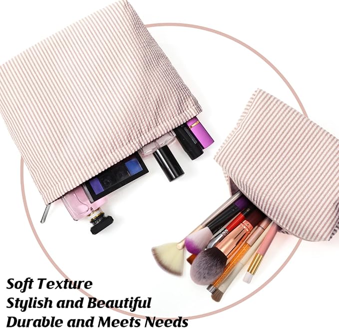 2 Pieces Makeup Bag Set Cute Cosmetic Pouch for Women Seersucker Travel Toiletry Bag Preppy Small Makeup Purse Pouch Aesthetic Skincare Brushes Storage Organizer for Christmas Women(Khaki)