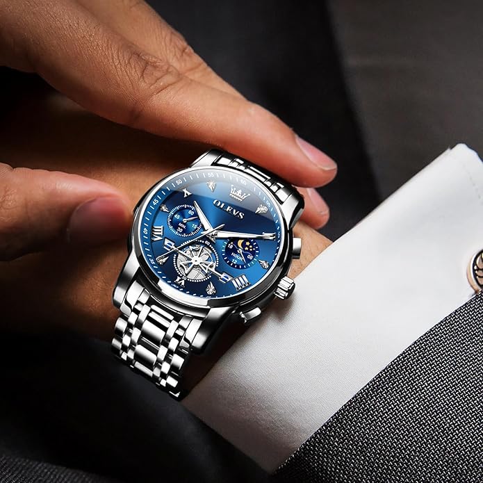 OLEVS Men Watches Stainless Steel Chronograph Watch, Large Wrist Analog Quartz Watch, Fashion Waterproof Diamond Roman Numerals Dress Watches for Men, Gold/Black/White/Blue/Grey Dial