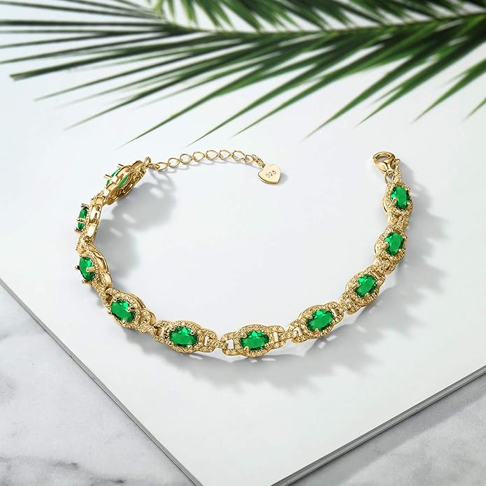 Gem Stone King 18K Yellow Gold Plated Silver Oval Gemstone Birthstone Tennis Bracelet For Women | Oval 6X4MM | 7 Inch With 1 Inch Extender | Fine Jewelry Gifts for Her Mom Women Wife
