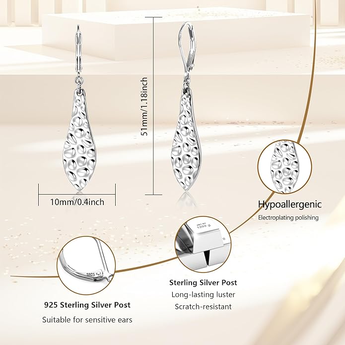 ALEXCRAFT 925 Sterling Silver Dangle Earrings for Women, 14K Gold Plated French Leverback Earrings, Hypoallergenic Lightweight Statement Hammer Square Bar Long Drop Earing for Women Trendy Jewelry
