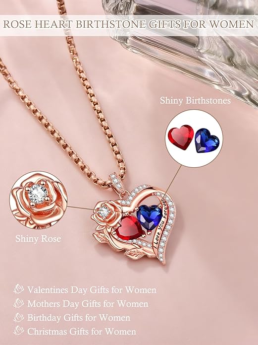 Rose Heart Necklaces for Women, Rose Gold Forever Love Jewelry with 2 Birthstones Pendant, Christmas Anniversarry Birthday Gifts for Her Wife Mom Grandma, 18+2 Inch Chain