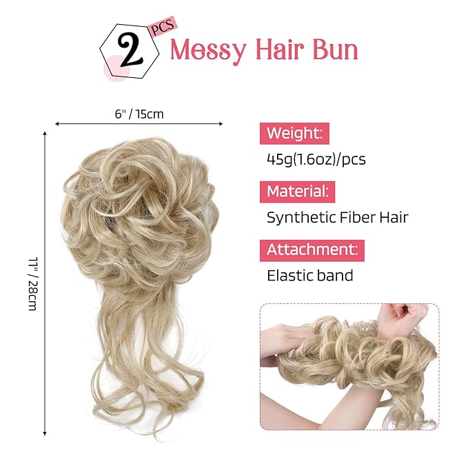 HOOJIH 2PCS Messy Bun Hair Piece, Tousled Updo with Tendrils Bun Extensions Wavy Curly Hair Wrap Ponytail Hairpieces Scrunchies for Women HB010 Dasiy - Ombre Deep Blonde and Light Blonde