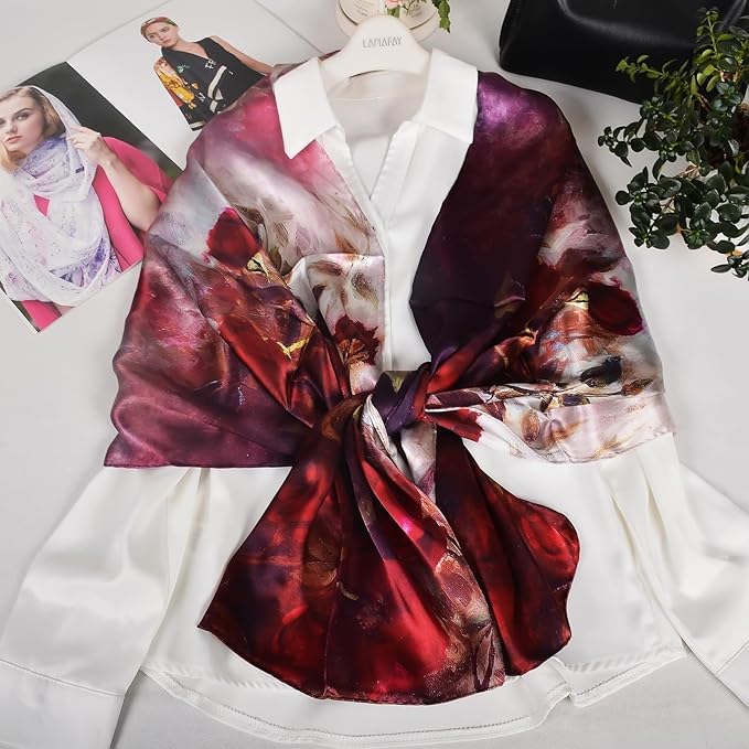 100% Mulberry Silk Scarf for Women Neck Oblong Headscarves Long Floral Print Lightweight Silk Wraps Shawls 67"*20"