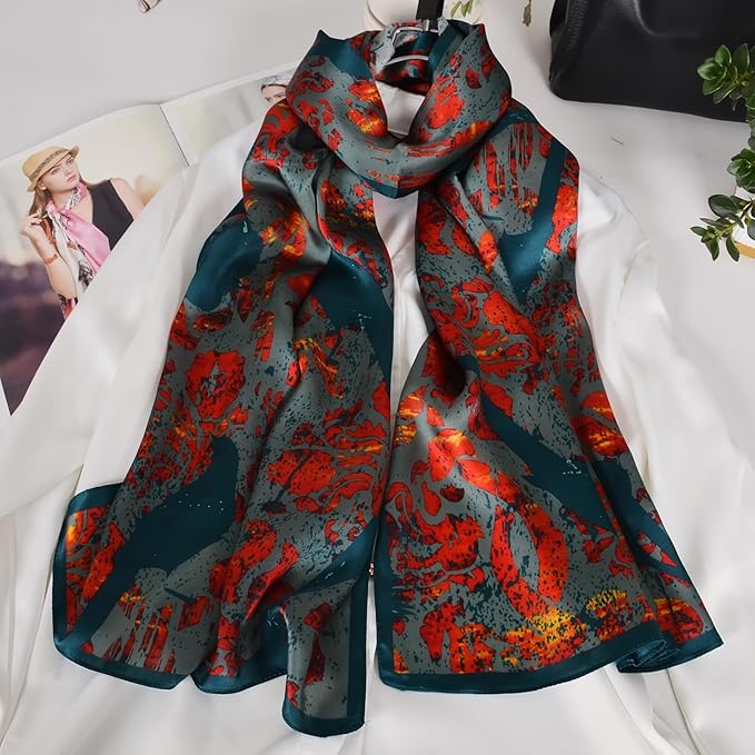 100% Mulberry Silk Scarf for Women Neck Oblong Headscarves Long Floral Print Lightweight Silk Wraps Shawls 67"*20"