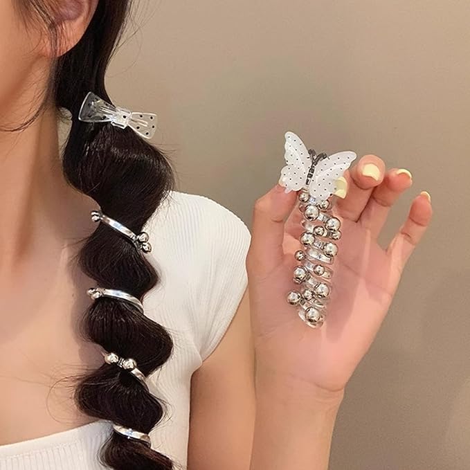 3PC Pearl Butterfly Telephone Wire Hair Ties – Spiral Elastic Bubble Ponytail Hair Bands for Women & Girls, No Damage, Soft & Stretchy Hair Accessories for High Ponytails and Braids(set-E)
