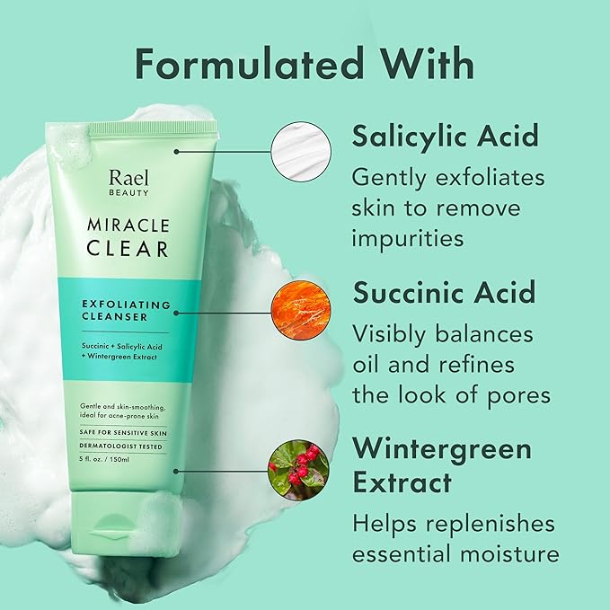 Rael Face Wash, Miracle Clear – Gentle Exfoliating Cleanser with Succinic Acid & Minerals, Korean Skin Care (5 fl oz)