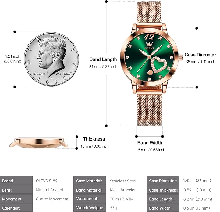 OLEVS Women's Small Wrist Rose Gold Tone Watch - Cute Diamond Heart Arabic Numerals Dial, Fashion Waterproof Mesh Bracelet Analog Dress for Ladies