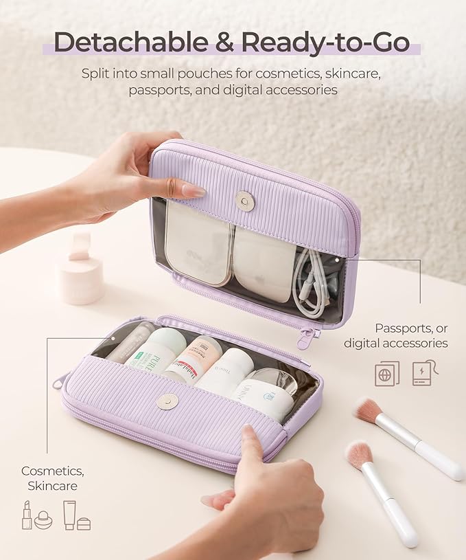 Preppy Makeup Bag, Rectangle Double Detachable Cosmetic Organizer, Clear Side Panel Portable Travel Pouches for In-Flight Essentials, Beauty & Tech Accessories, Gift for Women