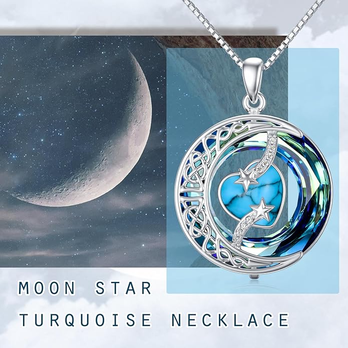 TOUPOP Birthstone Necklace 925 Sterling Silver Moon and Star Pendant with Blue Crystal Celtic Moon Jewelry Birthday Valentines Day Gifts for Women Mom Wife Her