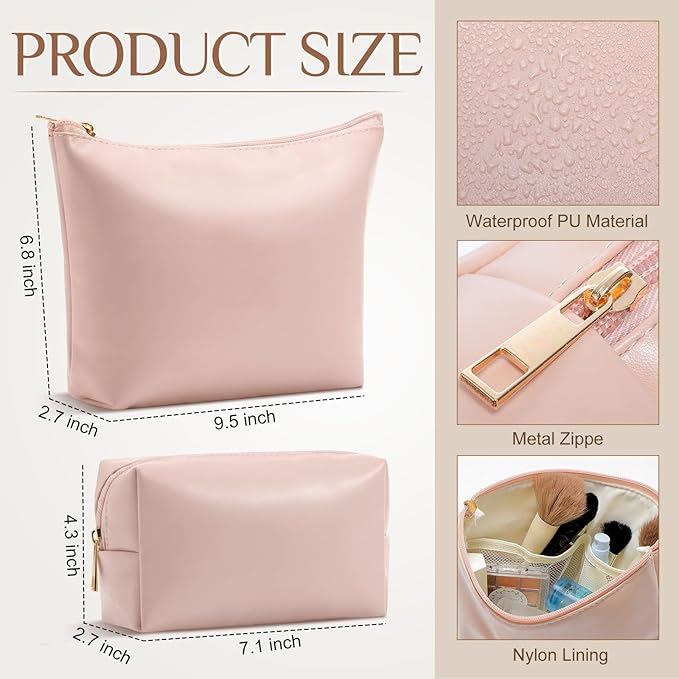 Kigeli 2 Pcs PU Leather Makeup Bag Set for Women Aesthetic Cosmetic Bag Small Toiletry Travel Pouch for Purse Emergency Skincare Organizer Valentine Gifts for Bridesmaid Birthday(Pink)