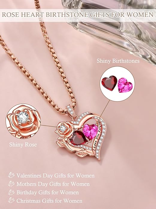 Rose Heart Necklaces for Women, Rose Gold Forever Love Jewelry with 2 Birthstones Pendant, Christmas Anniversarry Birthday Gifts for Her Wife Mom Grandma, 18+2 Inch Chain