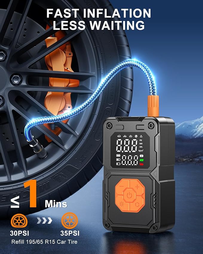Tire Inflator Portable Air Compressor, 150PSI Cordless Air Pump for Car Tires, Bike Tire Pump with LED Light & Pressure Gauge, Portable Tire Inflator For Car Motorcycle Balls Bike Pump