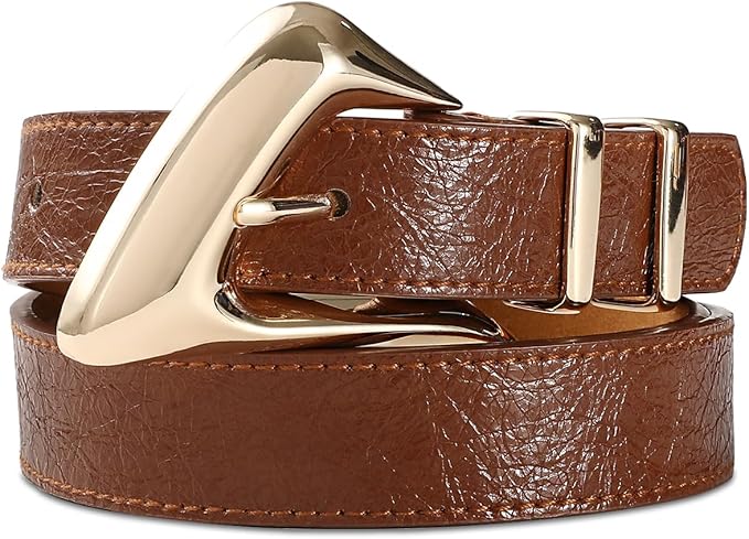 Women's Brown Belt Trend Belt with Gold Buckle Fashion Leather Waist Belt for Jeans Pants