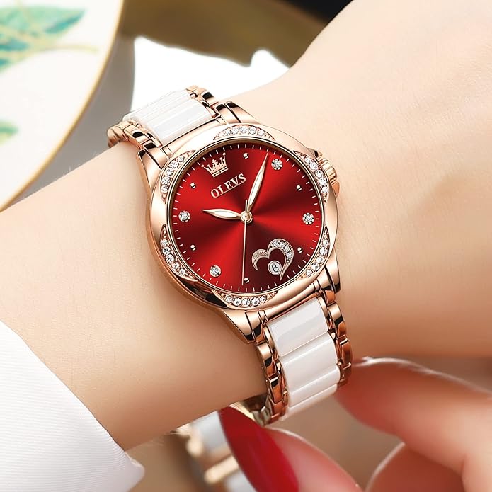 OLEVS Womens Automatic Watch, Premium Large Face Diamond Accented Self Winding Watches for Women, Fashion Waterproof Ladies Dress Watch, Two Tone Stainless Steel Ceramic Bracelet