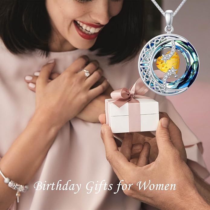 TOUPOP Birthstone Necklace 925 Sterling Silver Moon and Star Pendant with Blue Crystal Celtic Moon Jewelry Birthday Valentines Day Gifts for Women Mom Wife Her