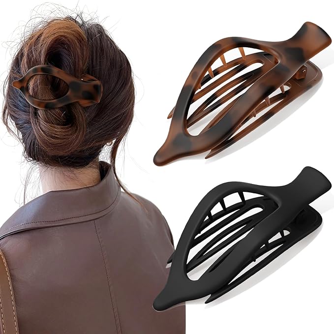 2 PCS Large Flat Hair Clips for Women, French Concord Lay Down Claw Clips for Thick Thin Hair, Comfortable Curved Side Clips, Matte Non-slip Strong Hold Hair Accessories, Tortoise & Black