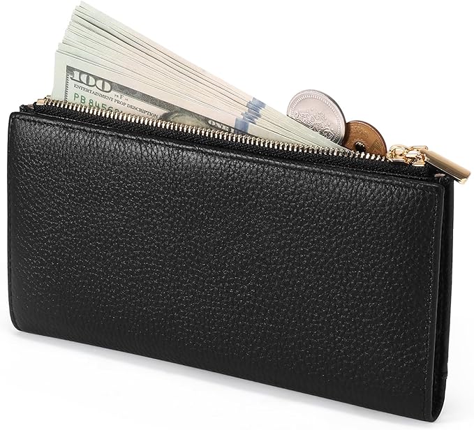 Slim Blue Wallet for Women, RFID Blocking Genuine Leather Bifold with Secure Zippered Coin Pocket (Black)