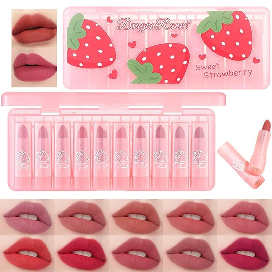 10 Pcs Lip Tint Set Cute Glossy Lip Stains and Matte Lipsticks with Long-lasting and Quick-drying Mini Lip Gloss Lipstick for Makeup Gift (Strawberry, Lipstick)
