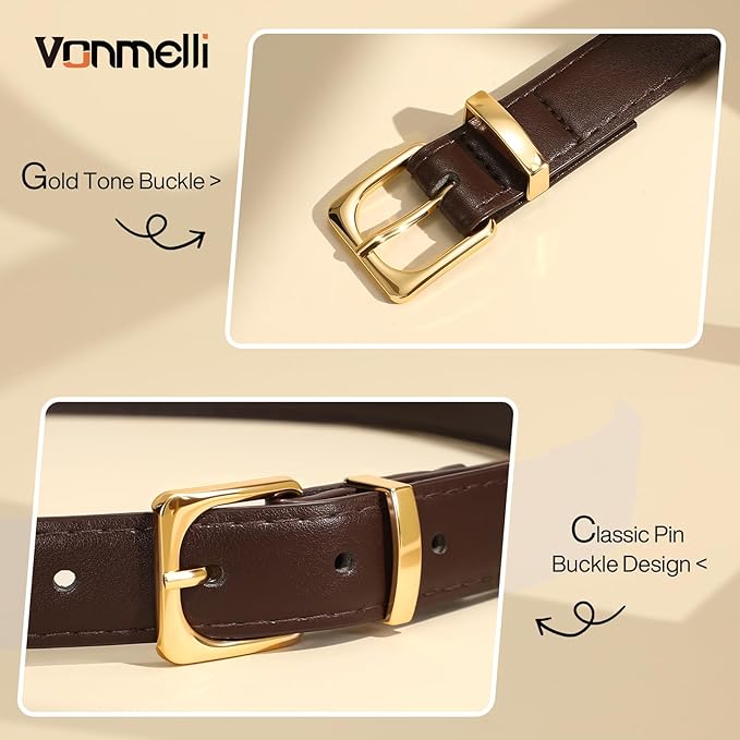 VONMELLI Womens Thin Leather Belt for Jeans Pants Dress Fashion Skinny Belt with Gold Buckle for Women