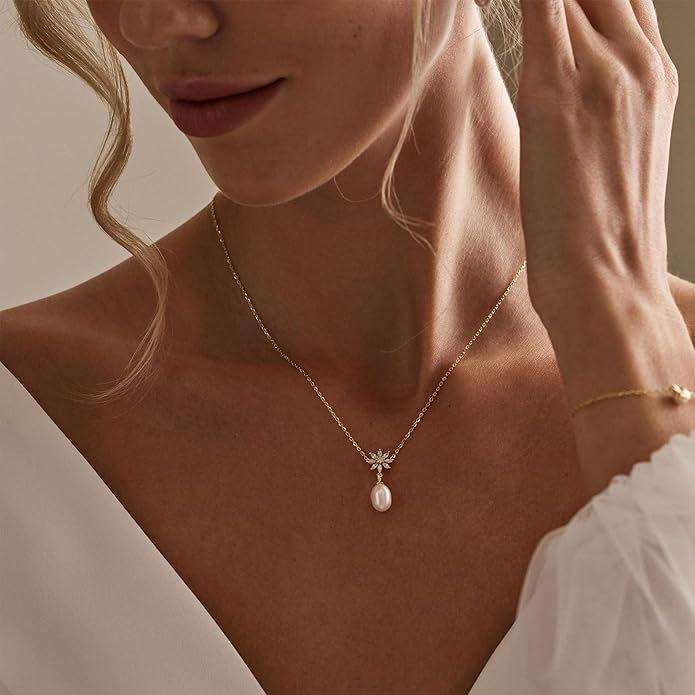 Valentines Day Gifts for Her - 14K Gold Plated Pearl Necklaces for Women Trendy Dainty Necklace Simple Layered Pearl Necklaces for Women Trendy Wedding Birthday Valentines Jewelry