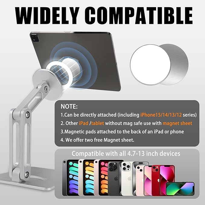 Large Magsafe Phone Stand for Desk, Large Size Foldable & Adjustable Magnetic iPhone Stand Holder with Non Slip Pad for Desk/Home/Office, Compatible with iPhone 17/1615/14/13/12 All Series(Sliver)