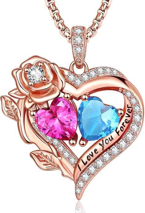 Rose Heart Necklaces for Women, Rose Gold Forever Love Jewelry with 2 Birthstones Pendant, Christmas Anniversarry Birthday Gifts for Her Wife Mom Grandma, 18+2 Inch Chain
