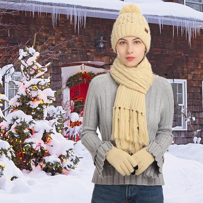 Winter Hat Scarf Gloves Set for Women Womens Knit Warm Hat Beanie Long Scarf Touchscreen Gloves Skull Caps Neck Scarves