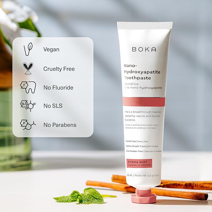 Boka Fluoride Free Toothpaste, Nano Hydroxyapatite Toothpaste, Appropriate for Sensitive Teeth - for Adult, Kids Oral Care - Cinnamon Mint Flavor, 4 Fl Oz 1Pk US Manufactured
