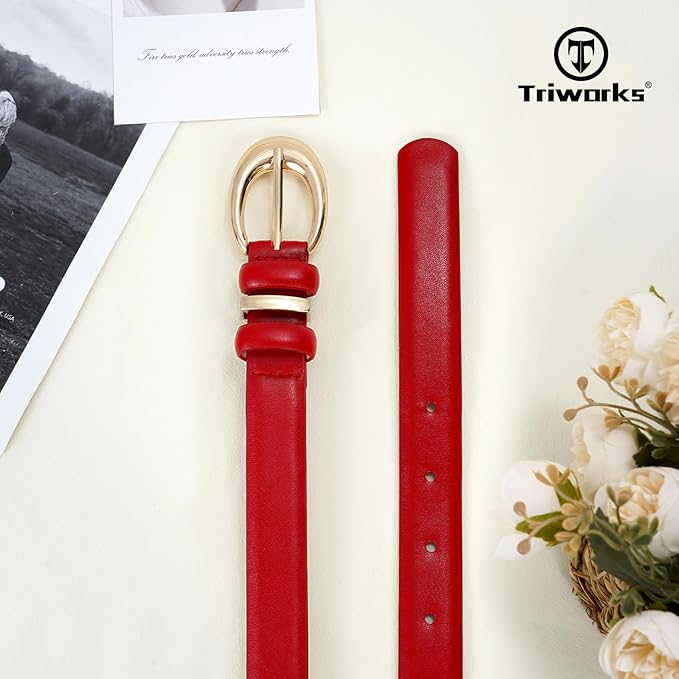 TRIWORKS Women Leather Belt for Jeans Pants Fashion Ladies Skinny Faux Leather Dress belt with Gold Buckle
