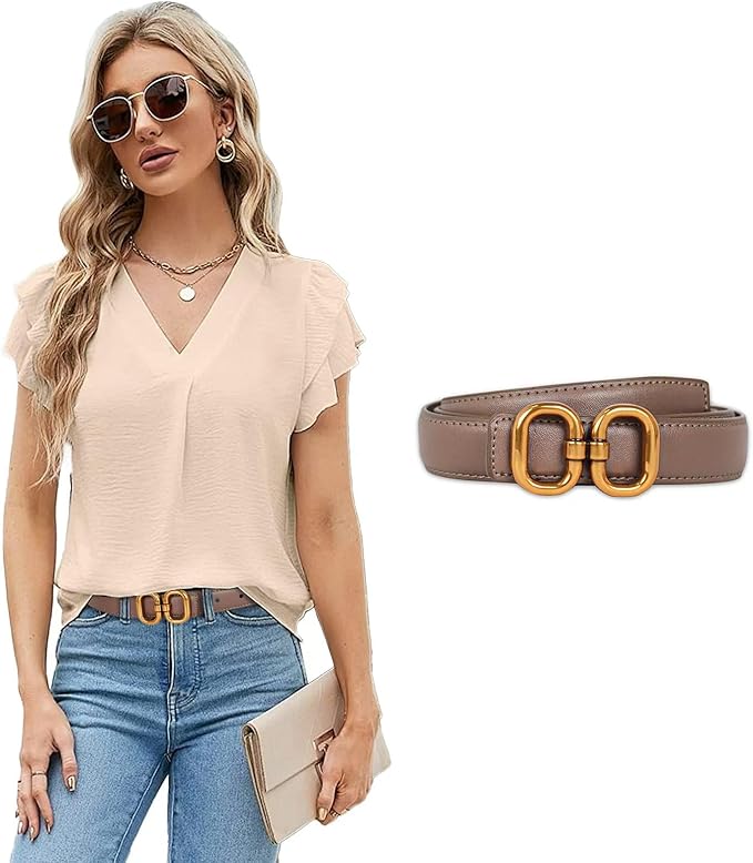 Women's Fashion Classic Metal Buckle Leather Belt with Jeans Dress