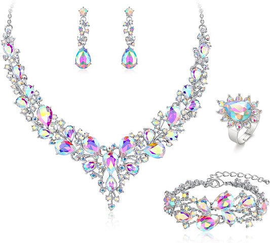 BriLove Wedding Bridal Jewelery for Women Austrian Crystal Teardrop Cluster Statement Necklace Dangle Earrings Link Bracelet Set