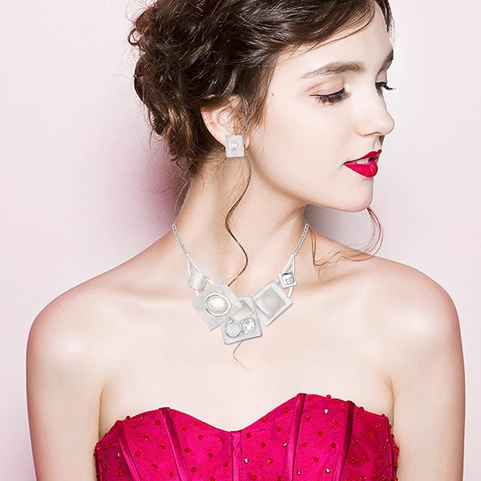 CSY Fashion Boho Oval Crystal Opals Statement Bib Necklace Earrings Bohemian Enamel Costume Jewelry Set Gifts for Women