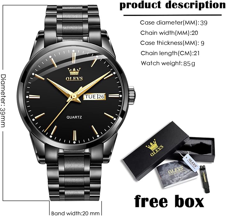OLEVS Classic Men Watches with Date,Stainless Steel Man Watch with Date, Bussiness Watches for Men,Luminous Quartz Mens Watches Black/White/Blue/Gold, Waterproof Male Watch with Week