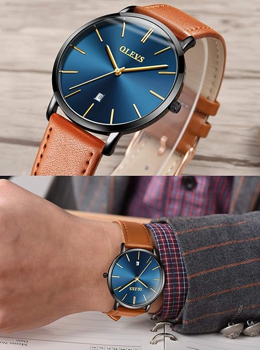 OLEVS Mens Watches Minimalist Ultra Thin Fashion Casual Analog Quartz Date Watch Waterproof Slim Simple Big Face Dress Wrist Watch Leather Band for Men