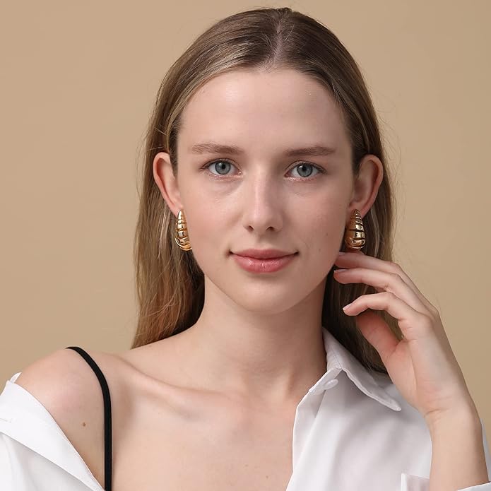 Apsvo Chunky 14K Gold Plated Hoop Earrings for Women, Lightweight Waterdrop Hollow Open Hoops, Hypoallergenic Dupes Earrings