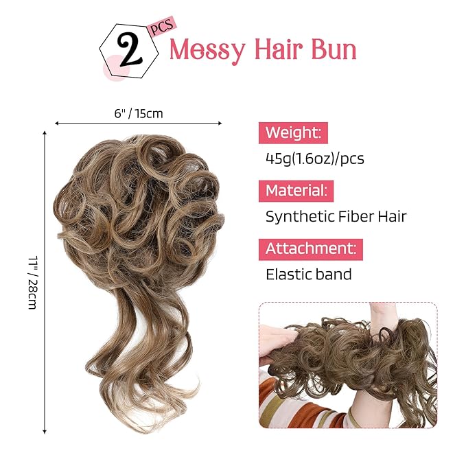 HOOJIH Messy Bun Hair Piece, 2PCS Tousled Updo with Tendrils Bun Extensions Wavy Curly Hair Wrap Ponytail Hairpieces Thick Scrunchies for Women HB010 Dasiy - Light Brown with Golden Ends