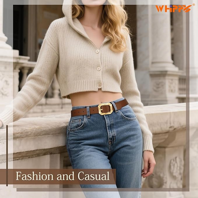WHIPPY Women's Leather Belts with Gold Buckle Casual Fashion Ladies Waist Belts for Jeans Pants Dresses